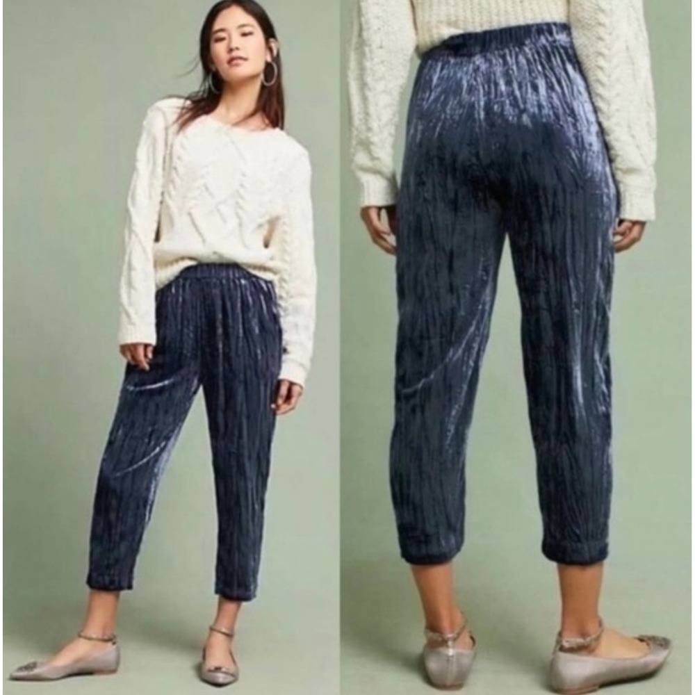 Anthropologie Womens Ett Twa Blue Crushed Velvet High Cropped Pull On Pants sz M